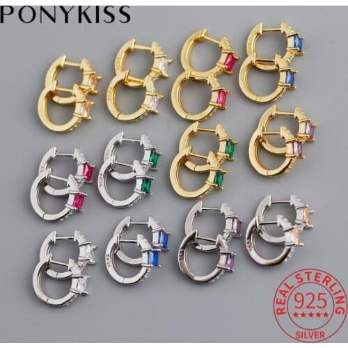 PONYKISS Trendy 925 Sterling Silver Square Colorful Zircon Hoop Earrings for Women Party Fine Jewelry Accessory Chic Gift