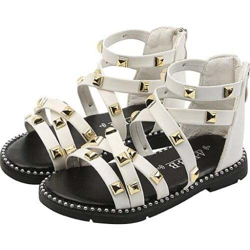 Girls Sandals 2021 Summer Children Gladiator Roman Sandals Rivets Classic Kids Beach Shoes Zipper Soft Leather Comfortable 21-36