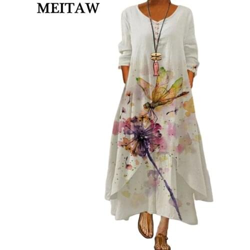 Spring Summer Women Long Dress Vintage Flowers Print Party Dresses 2021 Casual O Neck Long Sleeve Loose Dress Vestidos