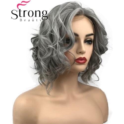 StrongBeauty Lace Front Wig Gray and White mix Short Wavy Synthetic Heat Resistant Hair Wig For Women COLOUR CHOICES