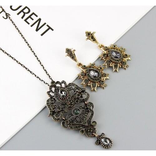 Sunspicems 2021 Grey Crystal Jewelry Sets Vintage Turkish Women Chocker Necklace Drop Earring Pendant&Brooch Double Usage Bijoux