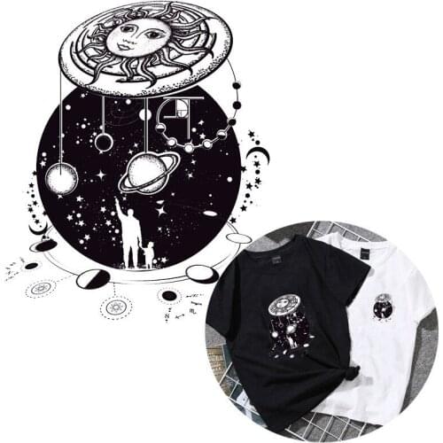 Iron-on Patches Black Sun Space Heat Transfer Patches For Clothing A-level Washable Universe Starry Sky DIY Fashion Accessory