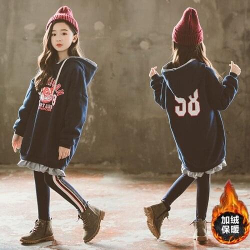 Girls' Hoodies Sweatshirts Kids Outwear 2021 Navy Blue Velvet Thicken Warm Winter Autumn Cotton Fleece Plus Size Childrens Clot