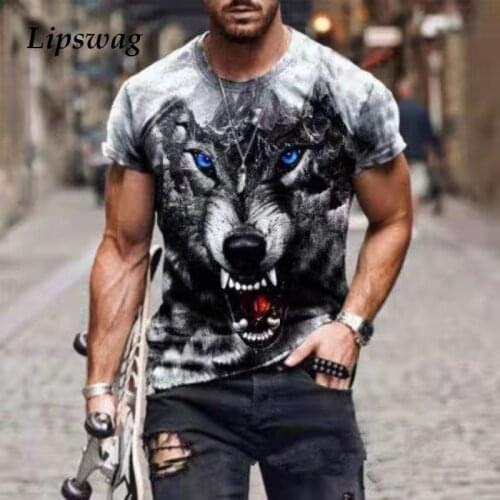 Retro Wolf Printing Men T Shirt 2021 Summer Short Sleeve Tee Shirts Casual O-Neck Tops Fashion Mens Clothing Harajuku Streetwear