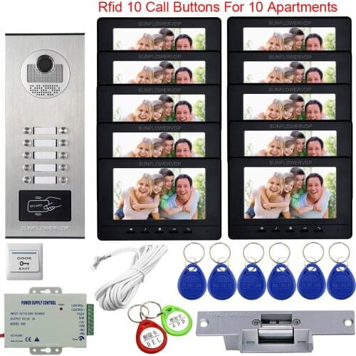Video Intercom 10 Apartments Access Control Surveillance Outdoor Camera Video Doorbell 10 Monitors With Electric Strike Lock Kit