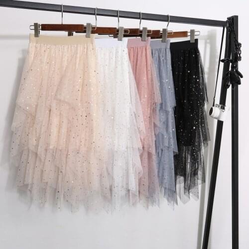 TingYiLi Irregular Tulle Skirt Sequin Black White Beige Gray Pink Skirts Womens High Waist Korean Skirt Tulle