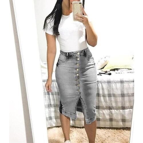 2019 Summer Women Slim Jeans Skirts Women High Waist Split Denim Skirts Female Knee Length Button Bodycon Skirt