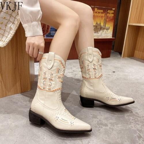 2021 Women Mid Calf Western Boots Cowboy Pointed Toe Fashion Boots Ladies Leather Motorcycle Boots Embroidery Botas Mujer