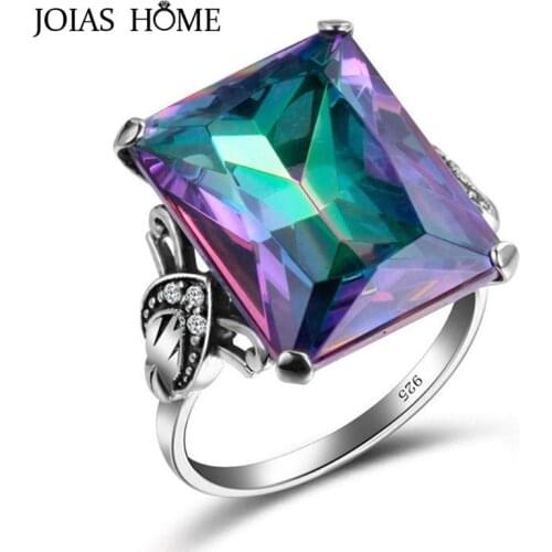 JoiasHome Top Quality Rainbow Fire Mystic Topaz Rings For Charm Women Square Gemstones Women Fine Jewelry Wedding Party Gift