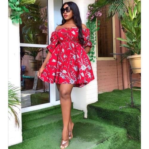 Echoine Red Floral Print Flower Sexy Off Shoulder Mini Dress Women Short Sleeve Slash Africa Sundress Hot Party Elegant Vestidos