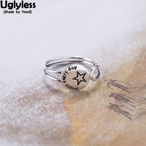 Uglyless Real 925 Sterling Silver Star Open Rings for Women Happy Everyday Letters Finger Ring Hollow Thai Silver Wild Jewelry