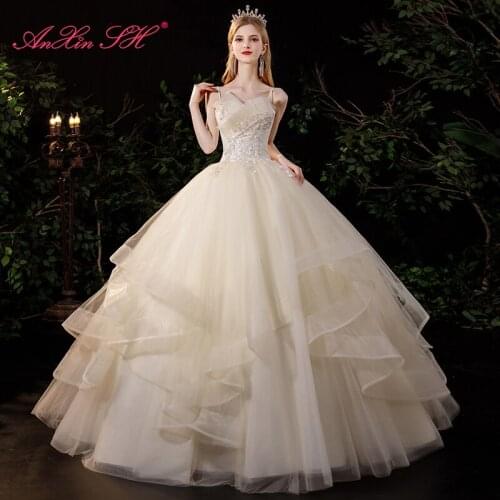 AnXin SH princess flower champagne lace wedding dress vintage spaghetti strap beading crystal ruffles bride wedding dress