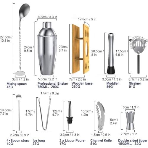 14 x Bartender Kit with Wood Stand Bar Set Cocktail Shaker Set for Drink Mixing