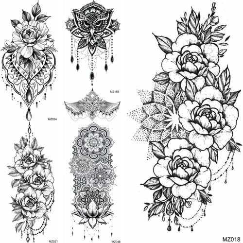 Black Rose Temporary Tattoos Sticker Fake Jewelry Decoration Mandala Flower Tatoo For Women Body Art Chest Wasit Arm Tatoo Decal