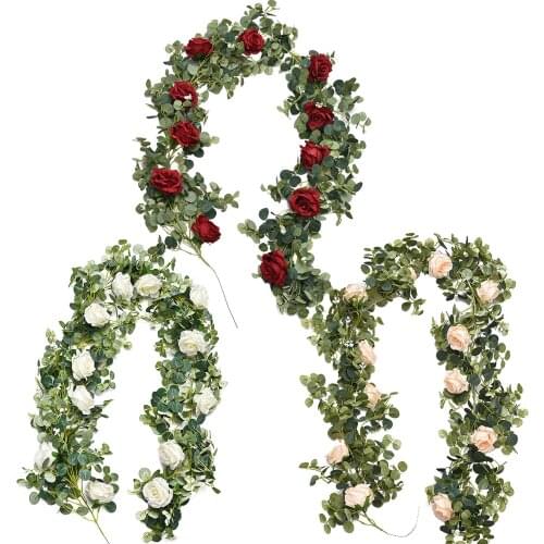 Artificial Garland With Rose Hanging Rattan Eucalyptus Leaf Flower Wisteria Green Plants Vine Wedding Table Runner Home Decor