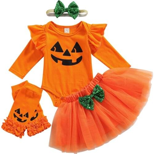 Cute Infant Baby Girl Orange Pumpkin Suits 4Pieces Halloween Party Clothes Long Sleeve Bodysuit+Tulle Tutu Skirts+Socks+Bow Hair
