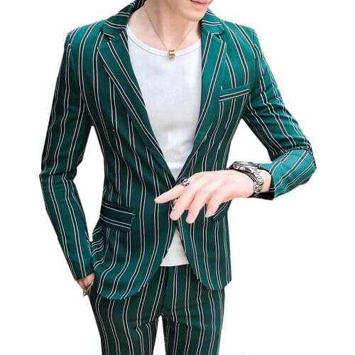 New Men Suit Coat Pants Luxury Stripe Single Breasted Male Wedding Blazers Jacket Fashion Slim Fit Party Trousers 2 Pieces Set