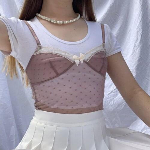 Cute Pink Crop Top Mujer Y2K Camis Patchwork Sexy V Neck See Through Top Women Party Club Streetwear 90s Bow Cropped Tops