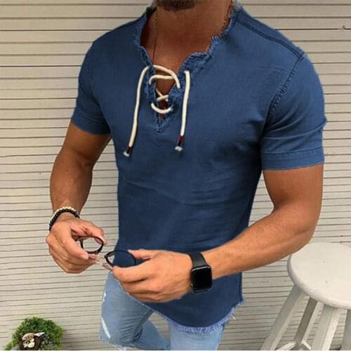 2021 New Mens V-neck T-shirt hollow out Lace-up Shirt Casual short Sleeve Wash Vintage Denim Blouse Fitness Bodybuilding Tops