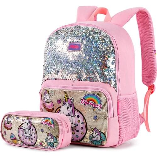2 Pcs Set School Backpack For Girls Unicorn Glitter Sequin Bookbag Cute Satchel Bag Kids Hiking 16 inch