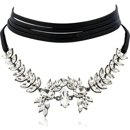 New Fashion Black Leather Rope Chokers Necklaces For Women Girl Luxurious Jewelry Crystal Chockers Necklace collier ras du cou