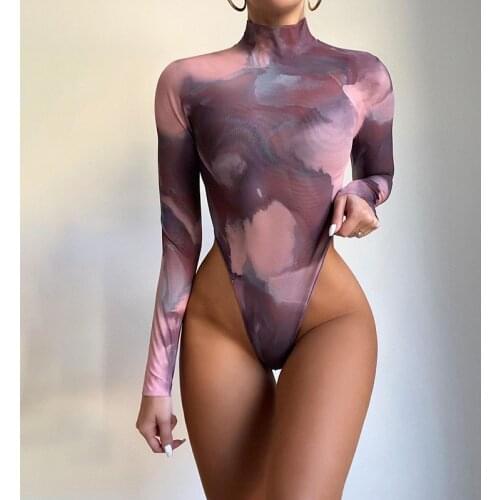 New Round Neck Pullover High Print Long Sleeve Slim Bottom Bodysuit Women Casual Playsuits Top