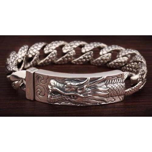 New Silver Bracelet Male Personality Trendy Male Domineering Wide Retro Faucet Dragon Scale Gift Boyfriend Gift Jewelry