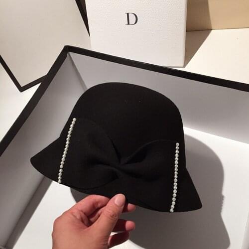 Fibonacci Black Hats For Women Wool Fedora Large Brim Wool Hats Felt Cloche Church Cap Ladies Vintage Church Bow Round Top Hat