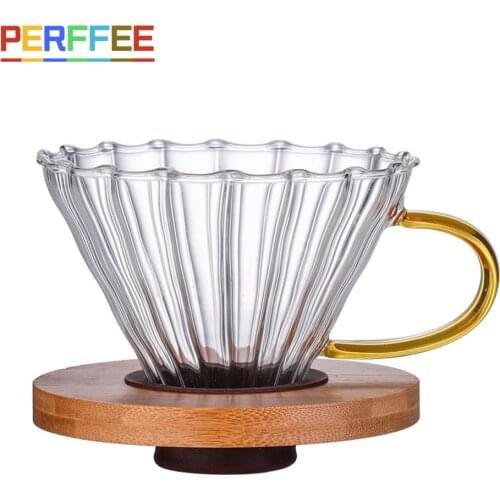 Coffee Dripper V60 Glass Funnel Drip Coffee Maker V01 V02 Filter Transparent Reusable Pour Over Brewing Cup with Wooden Holder