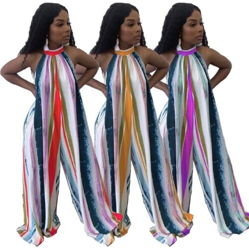 Tie Dye Striped Printed Ladies Jumpsuits Summer Sleeveless Halter Neck Casual Loose One Piece Overalls Club Bodycon S-XXL