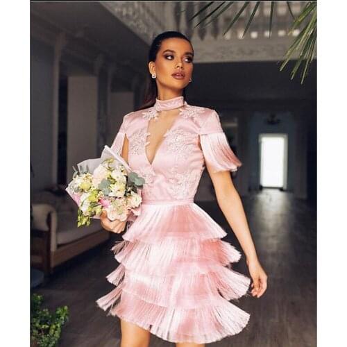 2021 Summer Sexy White Pink Short Sleeve Lace Tassel Women Party Dress Robe Femme Elegant Bodycon Bandage Vestidos De Fiesta