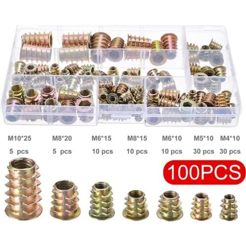 100pcs/set M4/5/6/8/10 Threaded Hex Drive Insert Fixing Wood Screw Inserts Nuts Insert Knurled Nuts Knurling Kit For Electrical