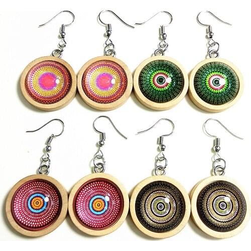 24pairs/lot Delicate ear pendants Wood Tray Cabochon with Mandala Bandanna Buddhism, Zen jewelry Glass Cabochon Drop Earrings