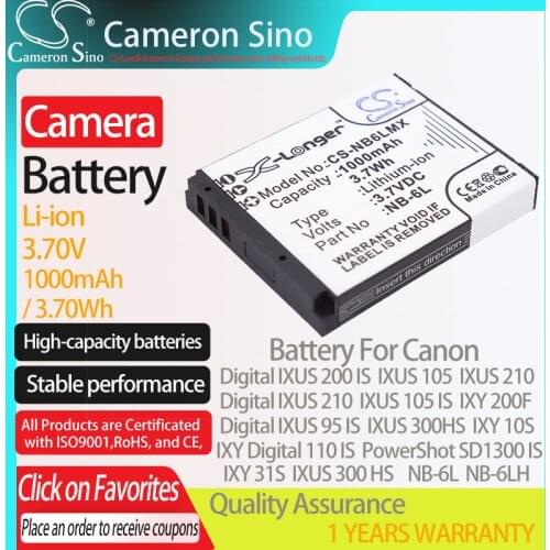 CameronSino Battery for Canon Digital IXUS 200 IS IXUS 105 IXY 10S PowerShot SD1300 IS IXY 31S fits Canon NB-6LH camera battery