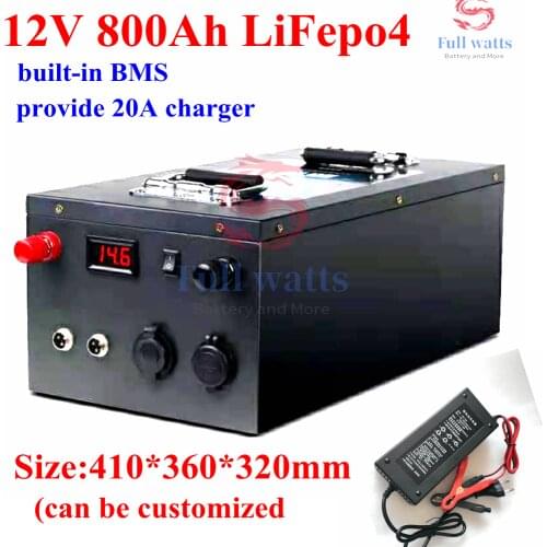 Solar battery 12V 800Ah lifepo4 battery pack with lithium BMS for 3000W RV solar system Steamer Machine motor home+20A charger