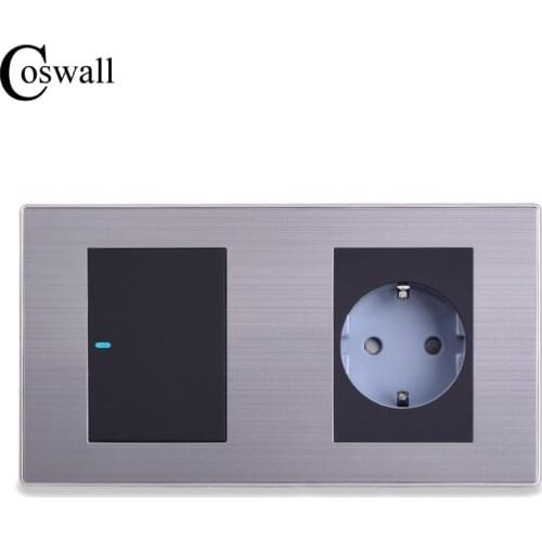 Coswall 16A EU Standard Wall Socket + 1 Gang 1 Way On / Off Light Switch With LED Indicator Stainless Steel Panel 160*86mm