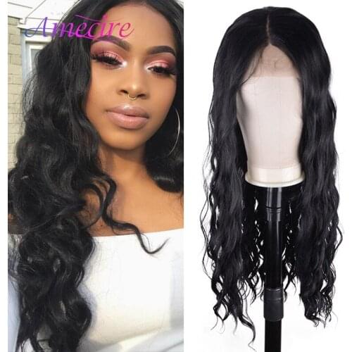 Long Wave Synthetic Wigs For Women Middle-Part Lace Wigs Natural Wave Heat Resistant 28 Inches Black Color