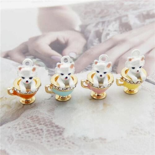 Julie Wang 4PCS Enamel Teacup Poodle Charms Puppy Dog Alloy Gold Tone Rhinestone Cup Necklace Bracelet Jewelry Making Accessory