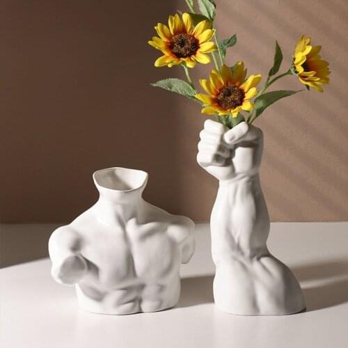 Nordic Style Ceramic Human Body Vase Man Bust Statue Vase Ornament Office Desktop Flower Arrangement Home Decoration Accessories