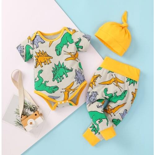 2021-03-12 Lioraitiin 3Pcs Set 0-18M Infant Baby Boy Clothing Short Sleeve Animal Printed Short Sleeve Romper Top Long Pant Hat