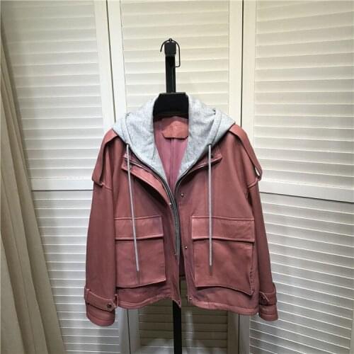 2021 Spring autumn Fashion womens hooded Pink color genuine jackets brand new high quality loose leather coat B637A