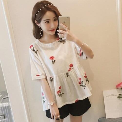 Summer Cotton and Linen Maternity Dress for Pregnant Women Embroidery Blouses with Shorts Set Pregnant Woman Stomach Lift Pants