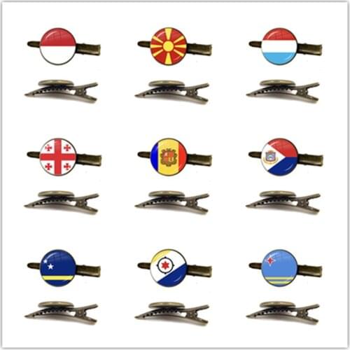 MCO,Macedonian, Luxembourg, Georgia, Andorra, Eilandgebied Sint Maarten,Curacao,Bonaire, Aruba Nation Flag Glass Dome Tie Clip
