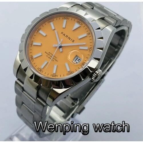 Parnis 40mm Mens New Top Casual Mechanical Watch Silver Case Orange Dial Luminous Miyota 8215 Movement Automatic Watch