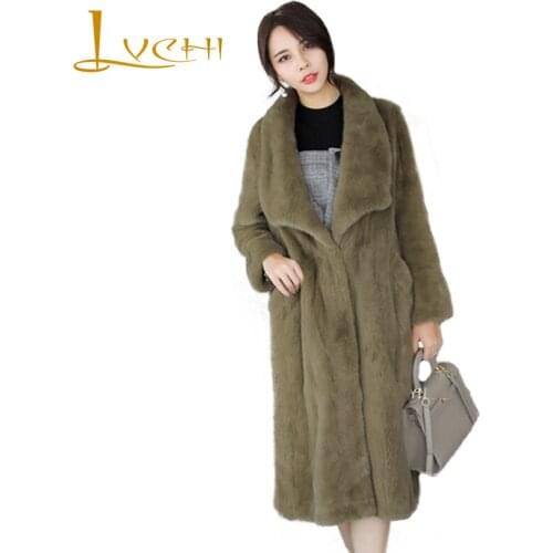 LVCHI Winter 2019 Female Solid Army Green Elegant Office Real Mink Fur Coats Womens Turn-Down Collar X-Long Causal Mink Coats