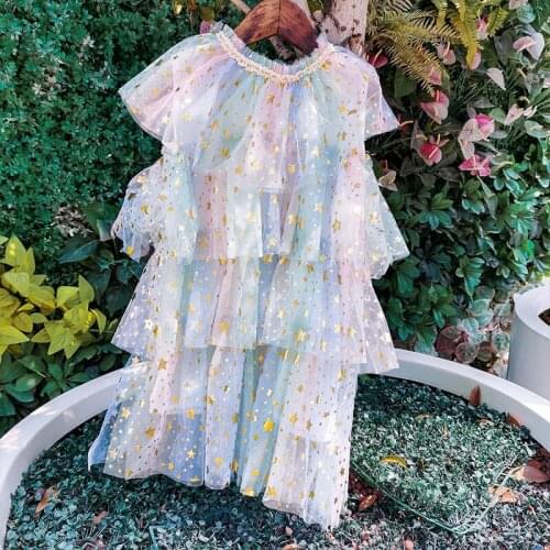 2021 New Girls' Dresses European And American Summer Dresses Girls Sequined Star Net Yarn Cake Princess Dress For Girls 3-8Y