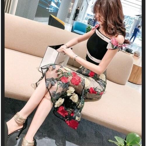 2021 Spring Autumn New Women Fashion Sexy Printing Mesh Embroidered High-waisted Slim Skirt Knee-length One-Step Skirts Y592