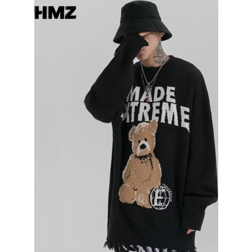 HMZ New Casual High Street Pullover Bear Knitted Sweater Autumn Winter Loose O-neck Warm Pullover Couple Sweater Hip Hop Men