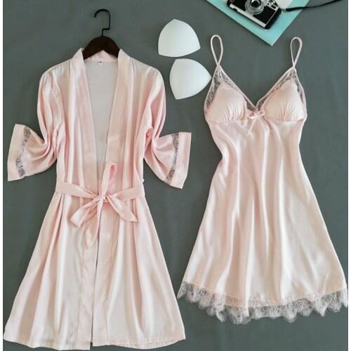 Pink 2PC Pajamas Sleep Set Women Lace Nightwear Kimono Robe Gown Suit Sexy V-Neck Sleepwear Strap Top Home Clothing Negligee