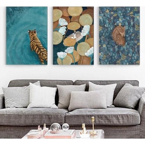 Girl Among the Lilies Poster Animal Tiger Wading Canvas Painting On The Wall Deer in the Flowers Art Prints Pictures Home Decor